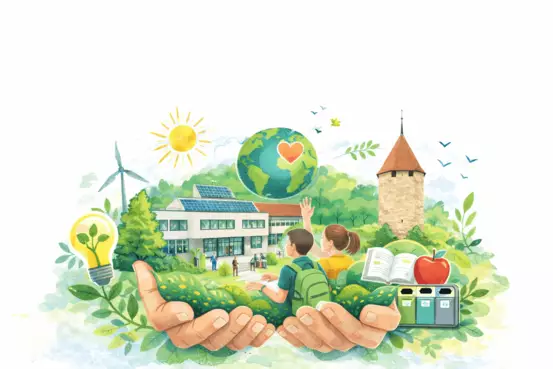 Un paysage vert avec des symboles du canton de Fribourg qu'observe deux écoliers