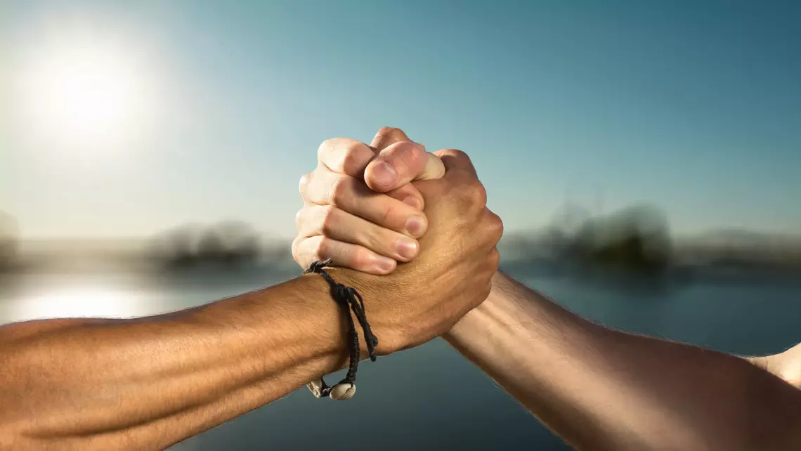 Deux mains serrées symbolisant l'union dans un décor naturelle