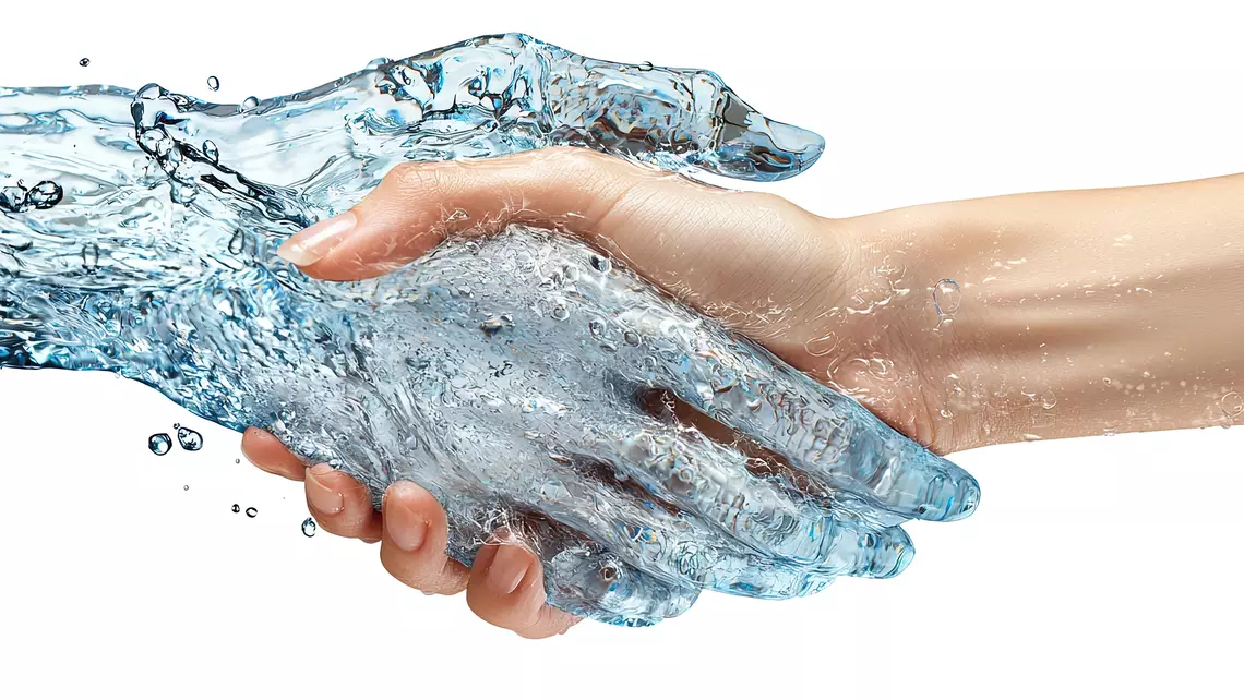 Une main en eau qui serre une main d'une personne