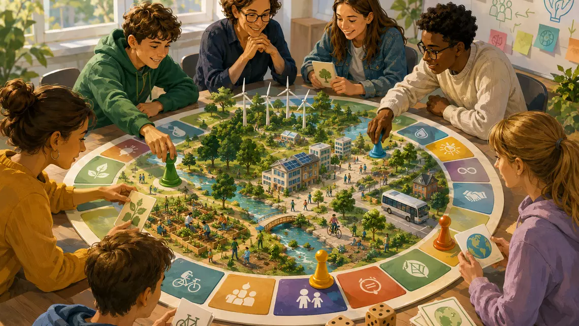 Des enfants autour d'un jeu d'éducation au développement durable