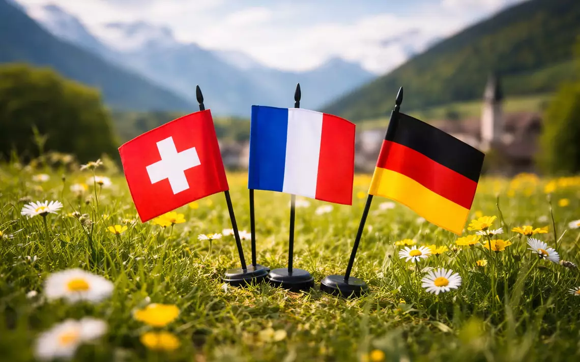 un drapeau suisse à côté d'un drapeau français et allemand symbolisant le bilinguisme