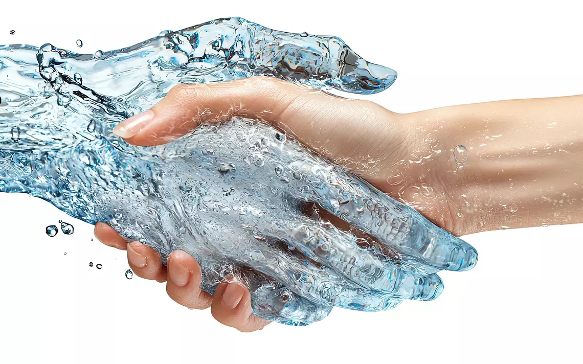 Une main en eau qui serre une main d'une personne
