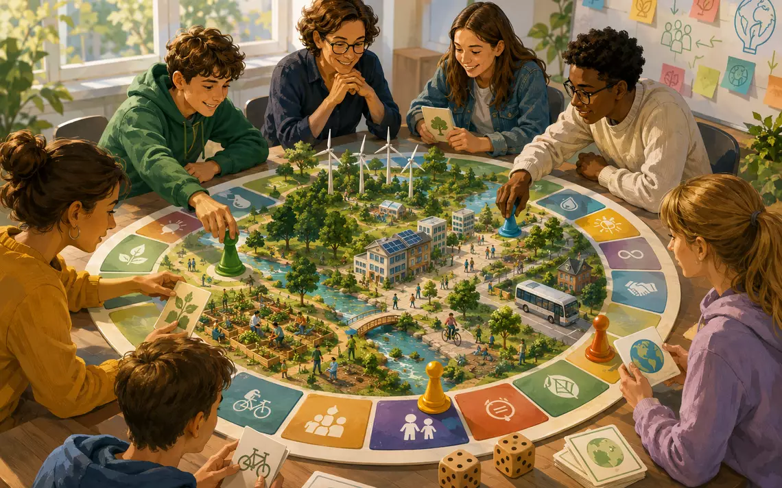 Des enfants autour d'un jeu d'éducation au développement durable